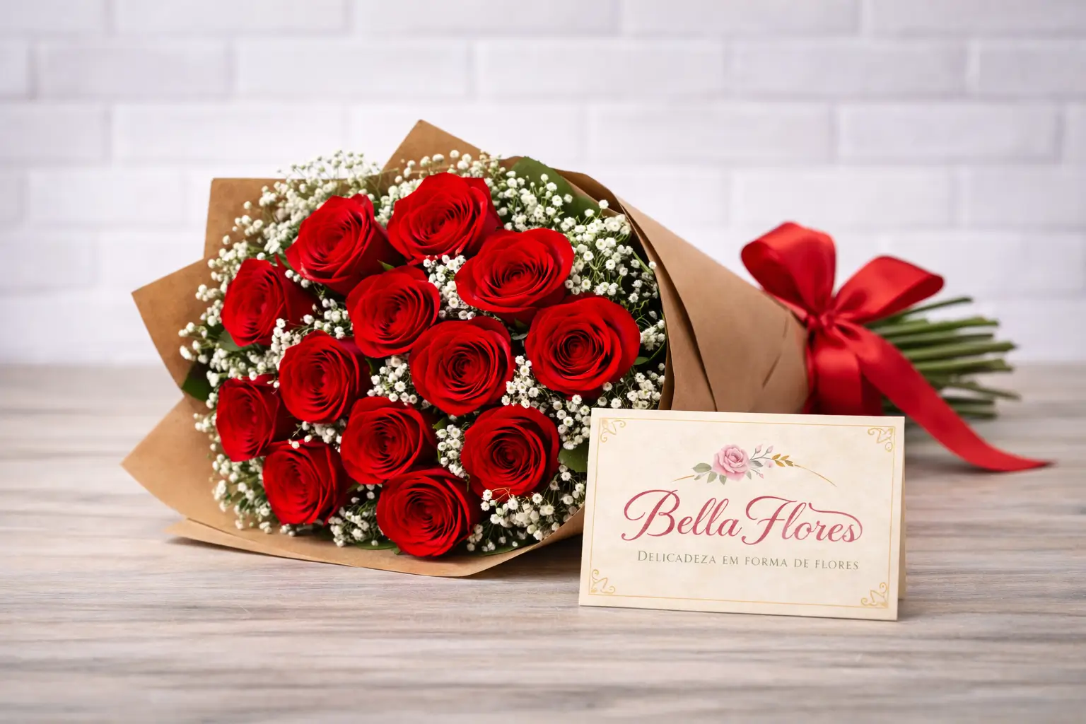 Buquê Romântico de 12 Rosas Vermelhas com Gipsofila